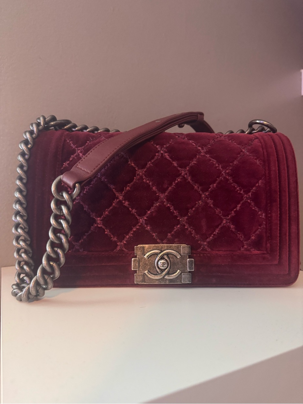 Chanel Velvet Tweed Quilted Medium Boy Flap Burgundy